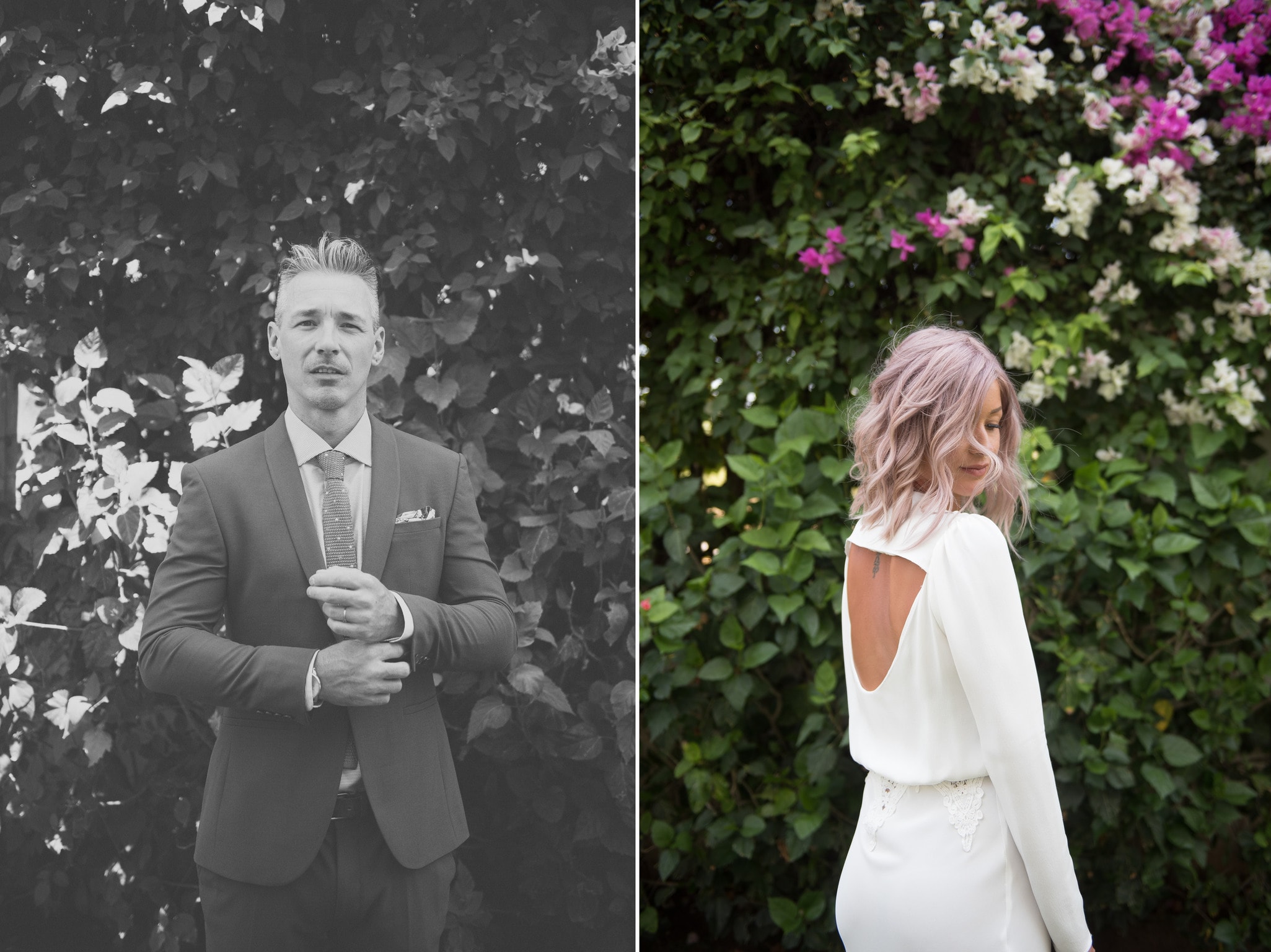 Bride and groom against wall of greenery