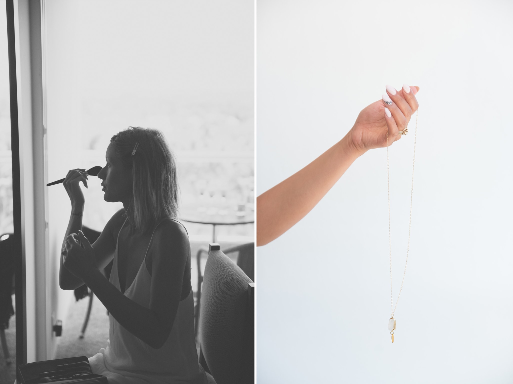 Bride doing her makeup and wedding details 