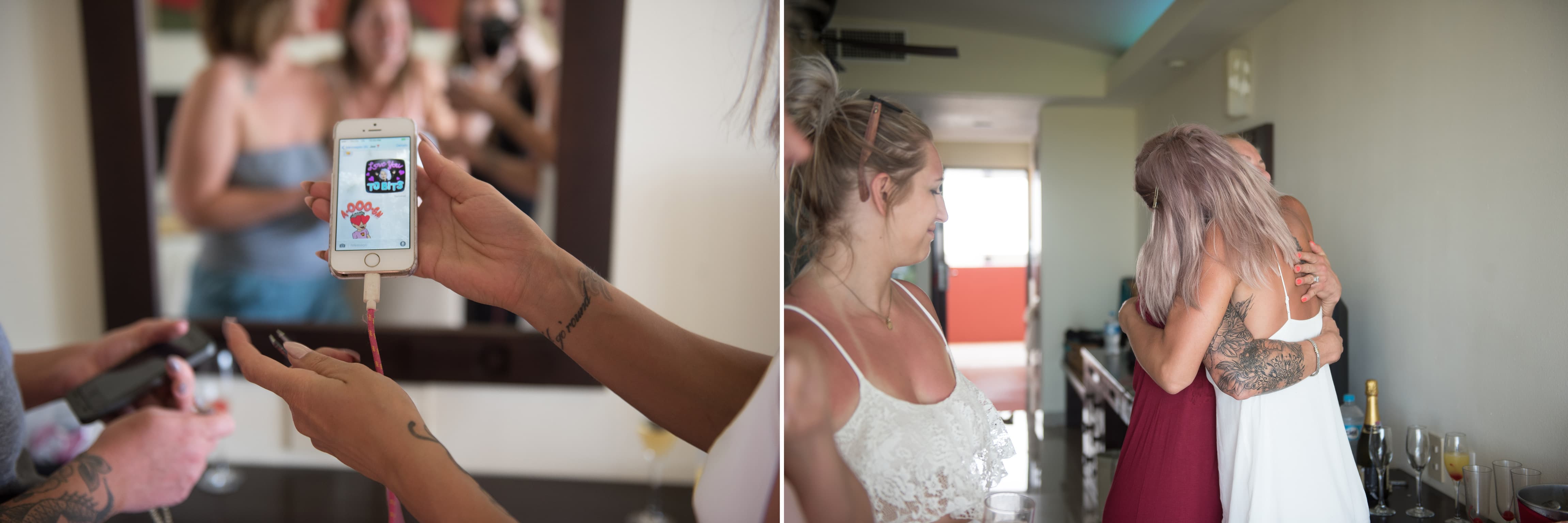 Brides friends welcomed to her room 