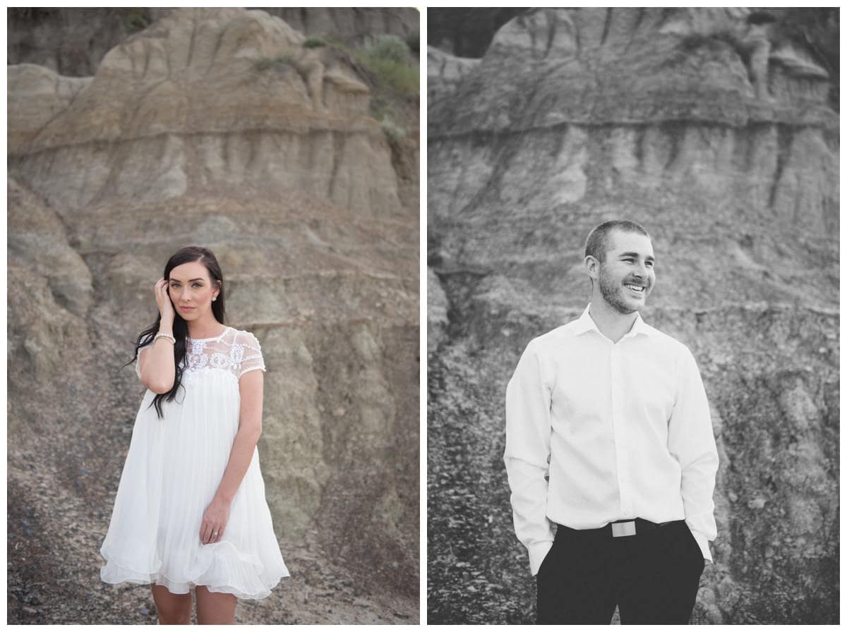 Stylish couple standing in Horseshoe Canyon Drumheller