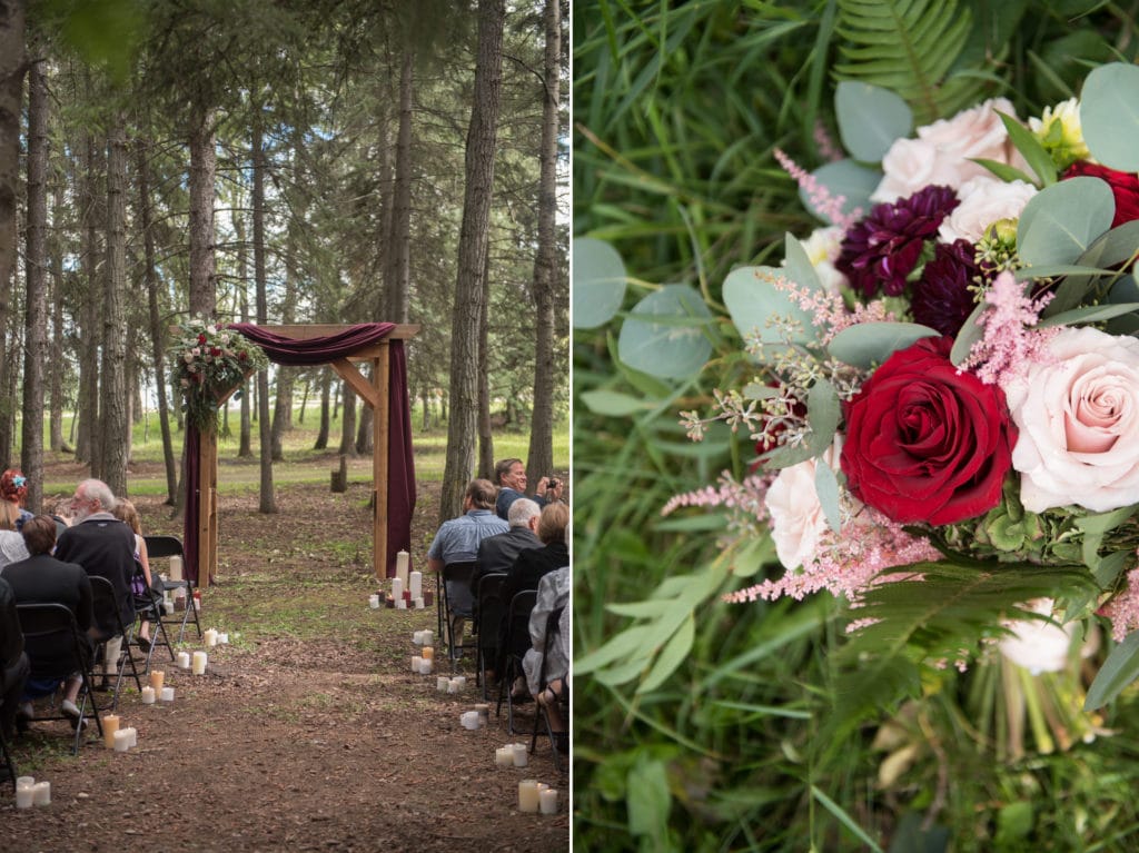 a year in review side by side images of ceremony set up at summer camp wedding and bouquet 