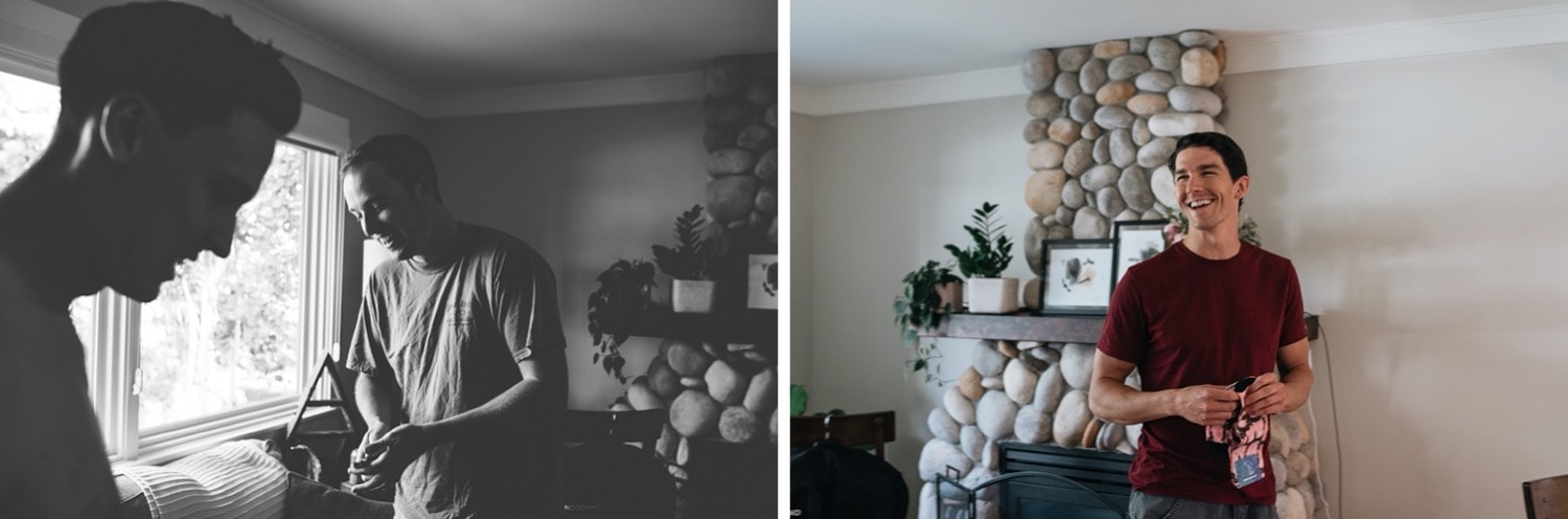 Groom and groomsmen getting ready in living room