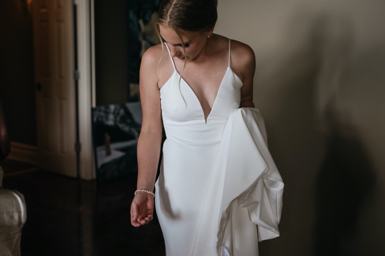 Pearl and Dot wedding dress and pearl bracelet