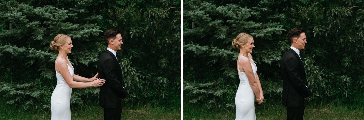 Bride and groom first look summer time