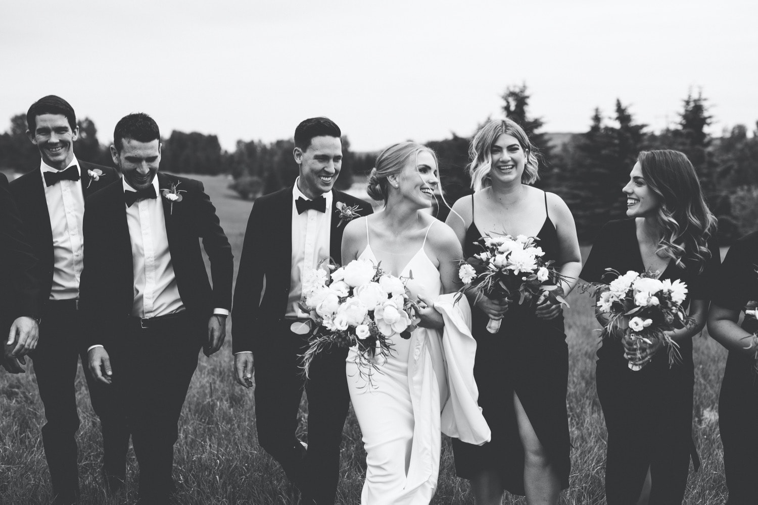 Bridal party walking through field