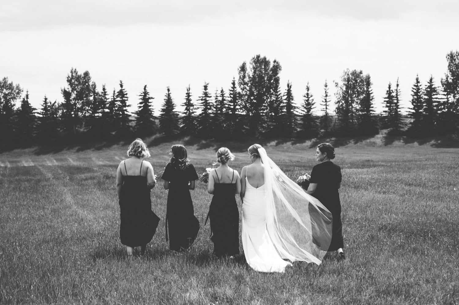 Bridesmaids walking away in field