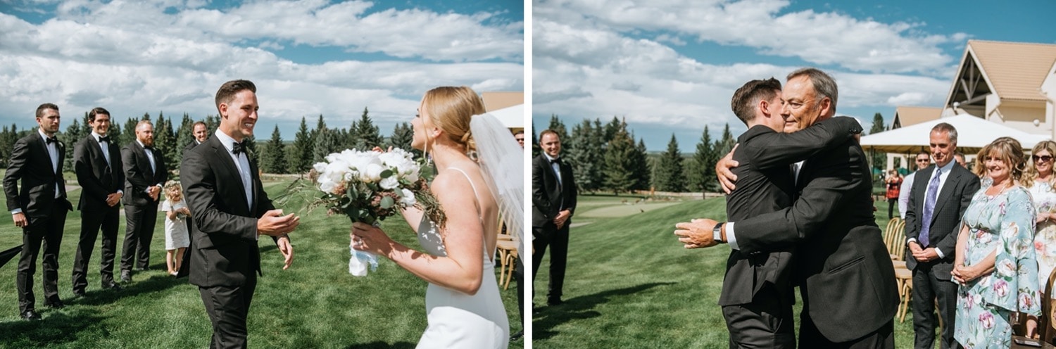 Bride hugging groom at the altar